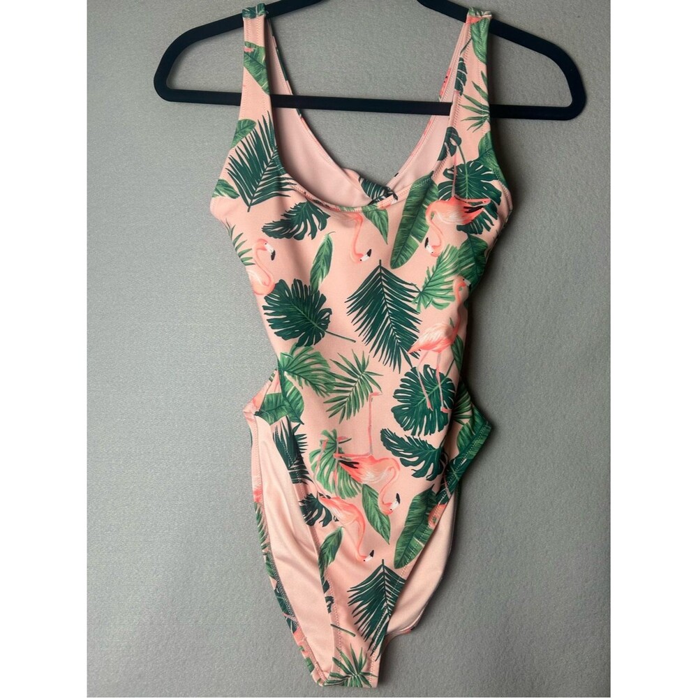 Old Navy Pink Tropical Leaf & Flamingo One-Piece Twist Back Swimsuit XS